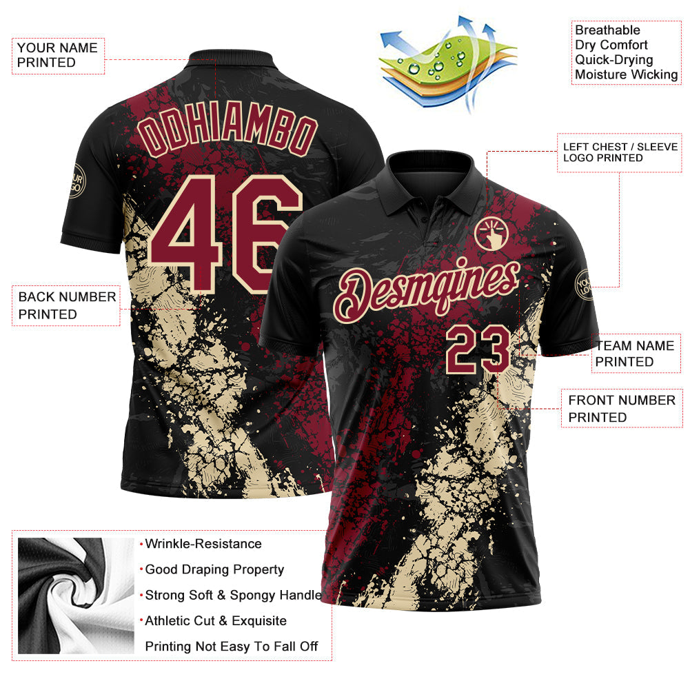 Custom Black Crimson-Cream Dripping Splatter Cracked Texture Performance Polo Shirt view 3