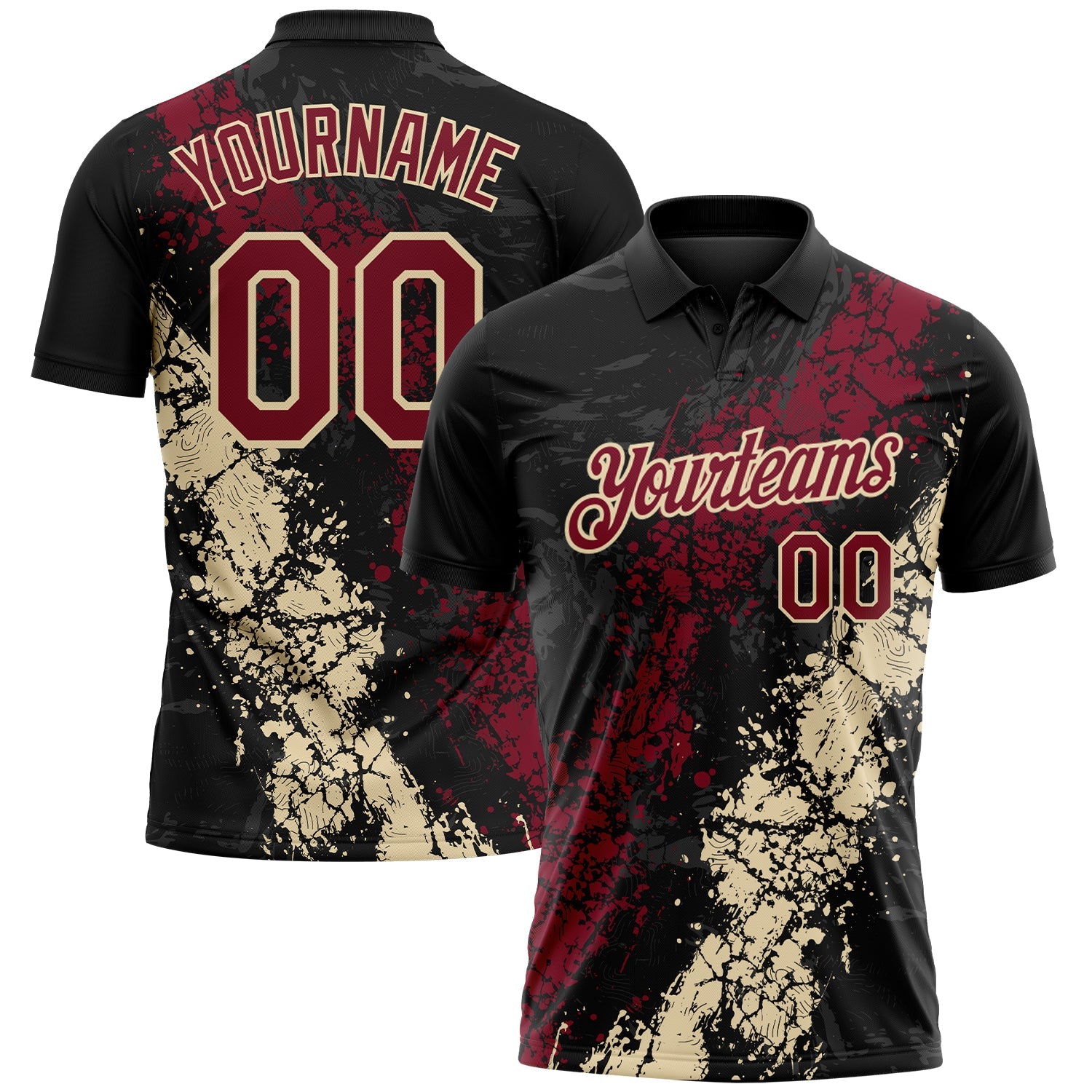 Custom Black Crimson-Cream Dripping Splatter Cracked Texture Performance Polo Shirt - Main View