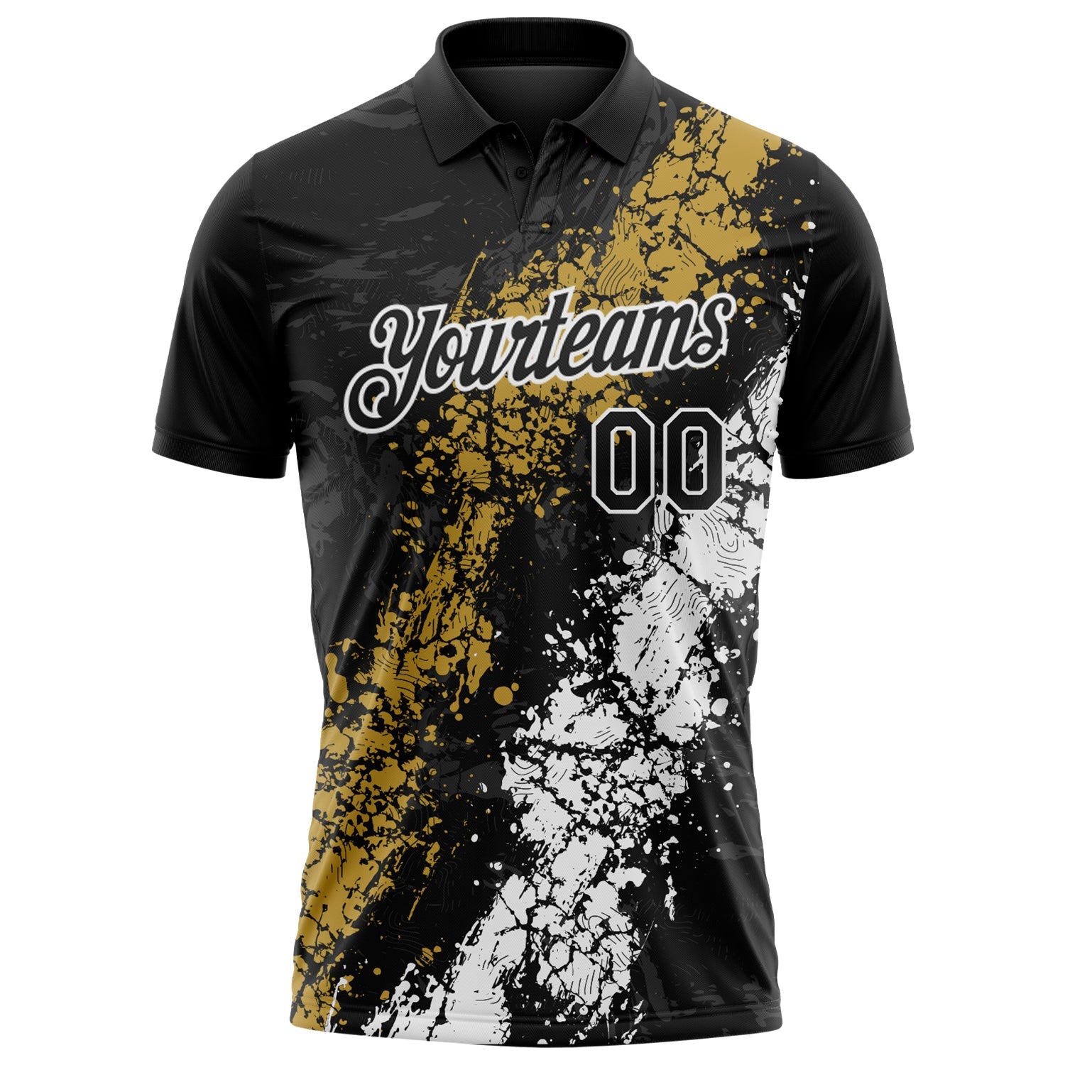 Custom Black Old Gold-White Dripping Splatter Cracked Texture Performance Polo Shirt view 2