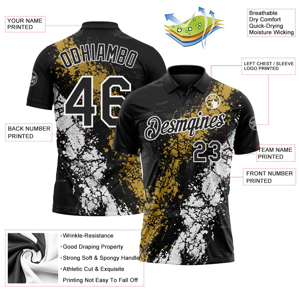 Custom Black Old Gold-White Dripping Splatter Cracked Texture Performance Polo Shirt view 3