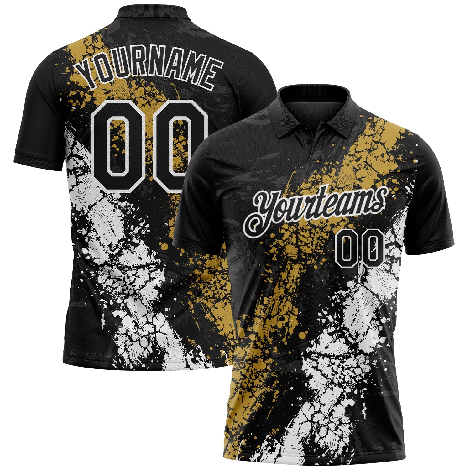 Custom Black Old Gold-White Dripping Splatter Cracked Texture Performance Polo Shirt - Main View