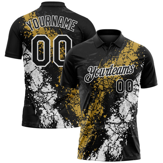 Custom Black Old Gold-White Dripping Splatter Cracked Texture Performance Polo Shirt - Main View