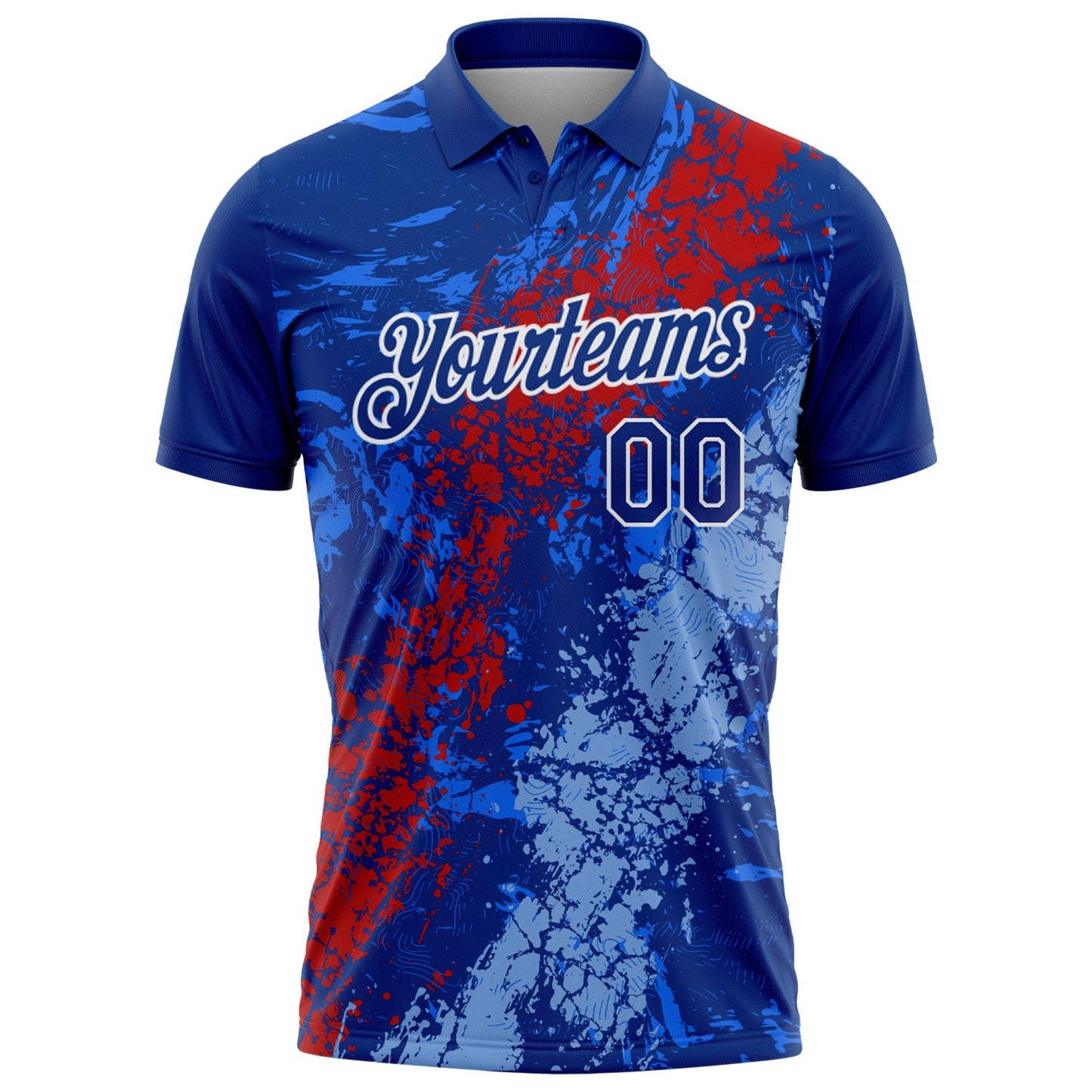 Custom Royal Red Light Blue-White Dripping Splatter Cracked Texture Performance Polo Shirt view 2