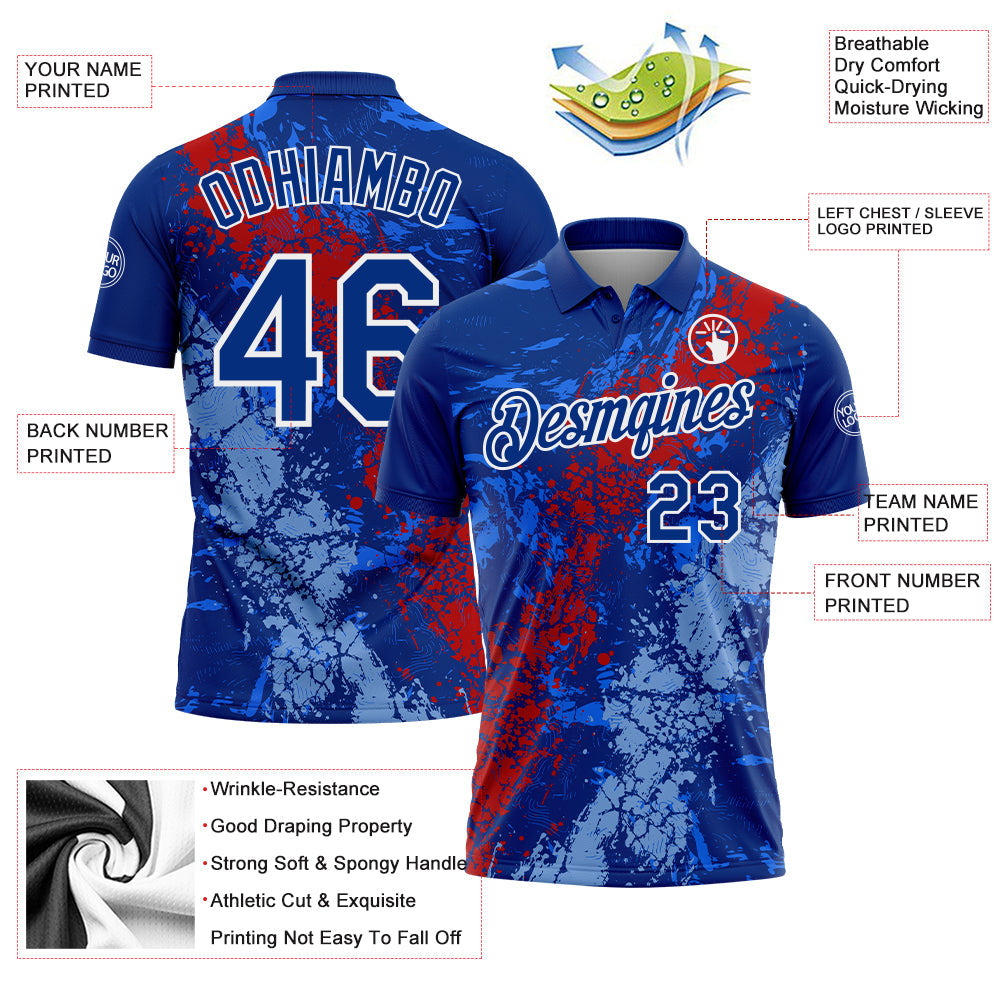 Custom Royal Red Light Blue-White Dripping Splatter Cracked Texture Performance Polo Shirt view 3