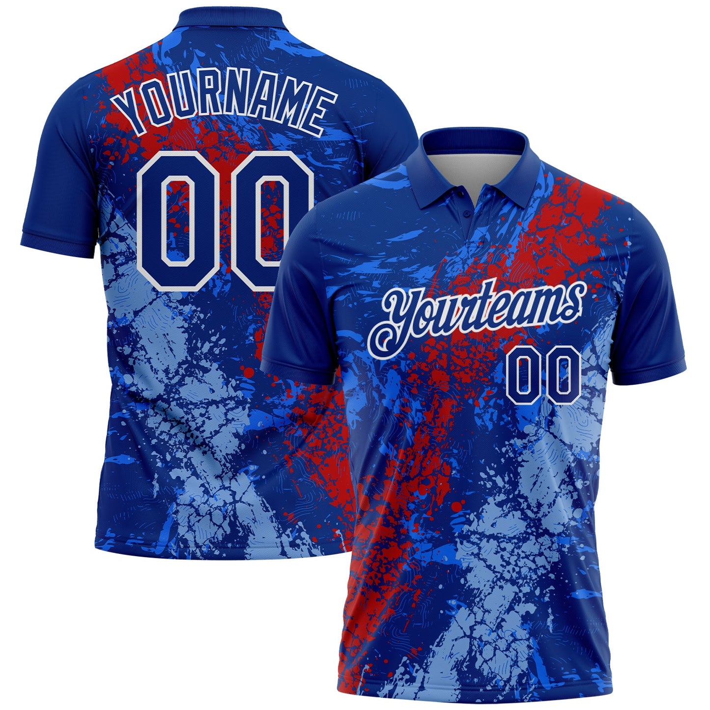 Custom Royal Red Light Blue-White Dripping Splatter Cracked Texture Performance Polo Shirt - Main View
