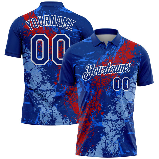 Custom Royal Red Light Blue-White Dripping Splatter Cracked Texture Performance Polo Shirt - Main View