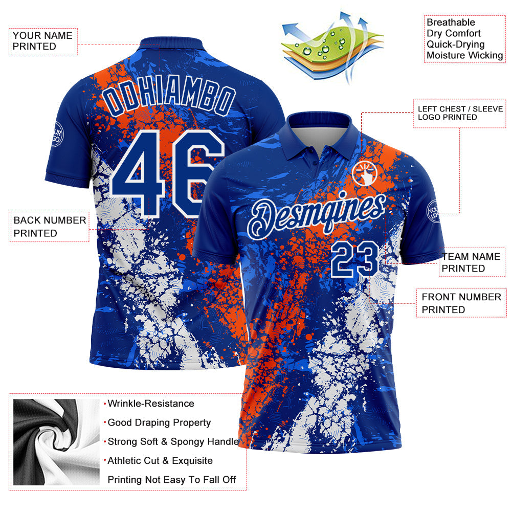 Custom Royal Orange-White Dripping Splatter Cracked Texture Performance Polo Shirt view 3