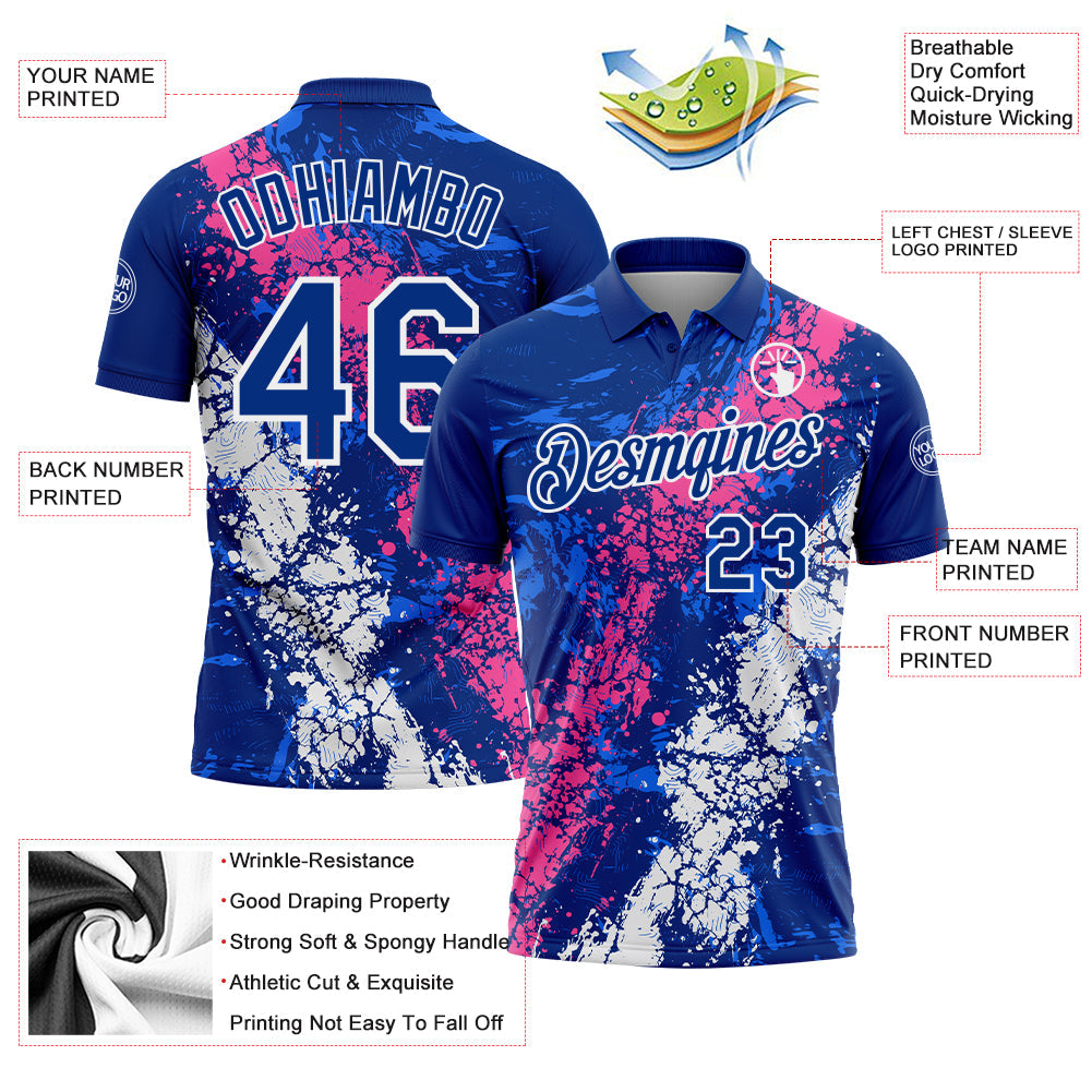Custom Royal Pink-White Dripping Splatter Cracked Texture Performance Polo Shirt view 3