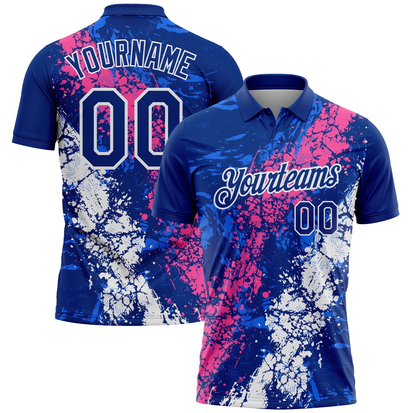 Custom Royal Pink-White Dripping Splatter Cracked Texture Performance Polo Shirt - Main View
