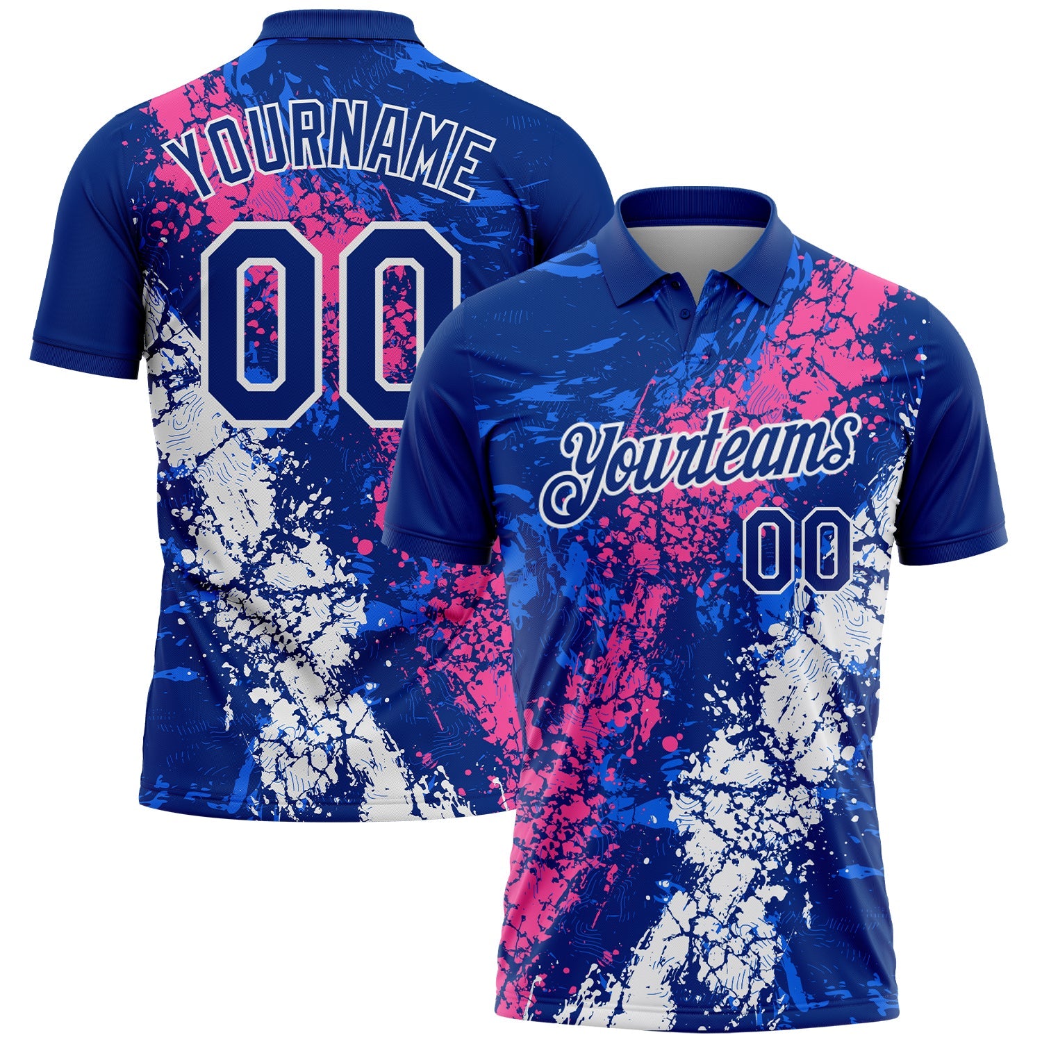 Custom Royal Pink-White Dripping Splatter Cracked Texture Performance Polo Shirt - Main View