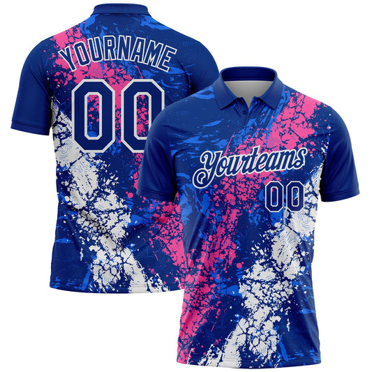 Custom Royal Pink-White Dripping Splatter Cracked Texture Performance Polo Shirt - Main View