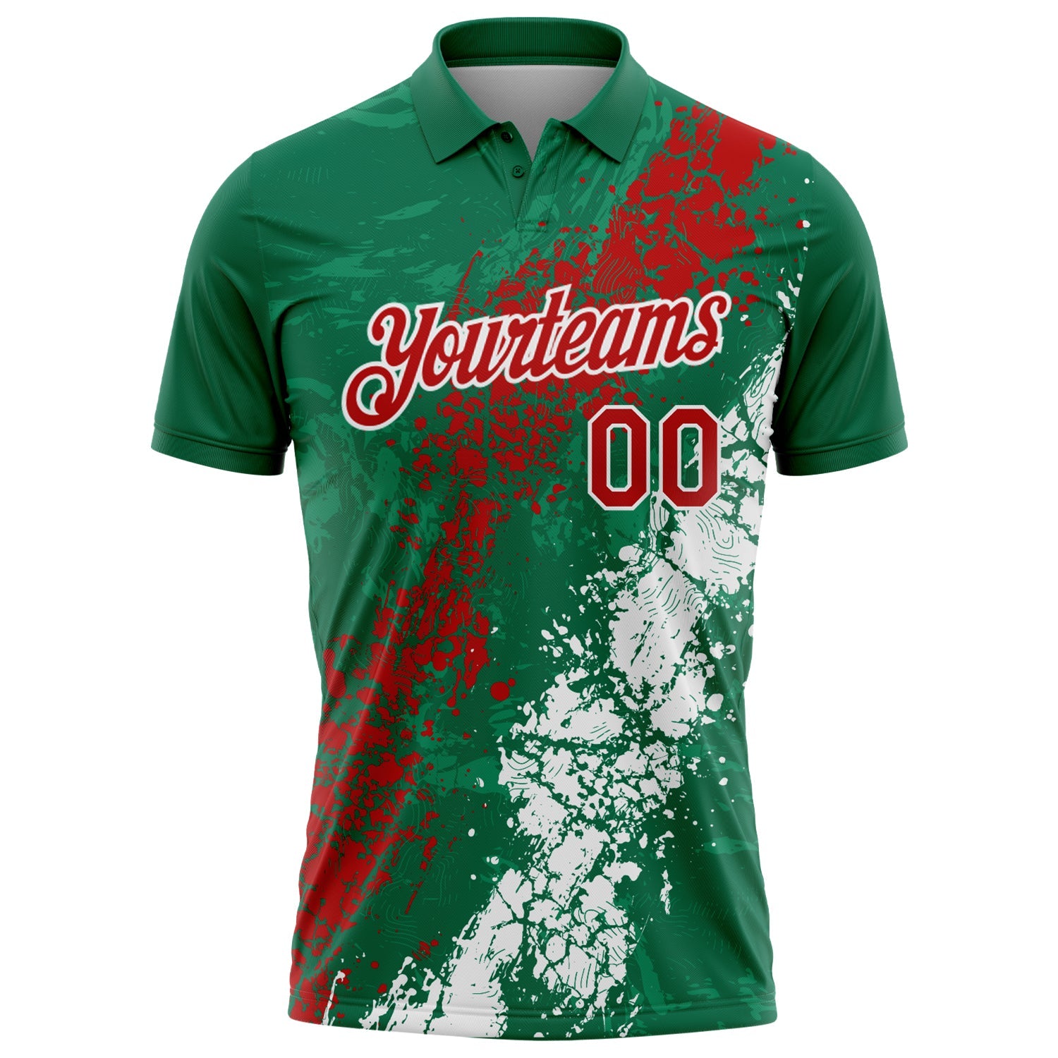 Custom Kelly Green Red-White Dripping Splatter Cracked Texture Performance Polo Shirt view 2