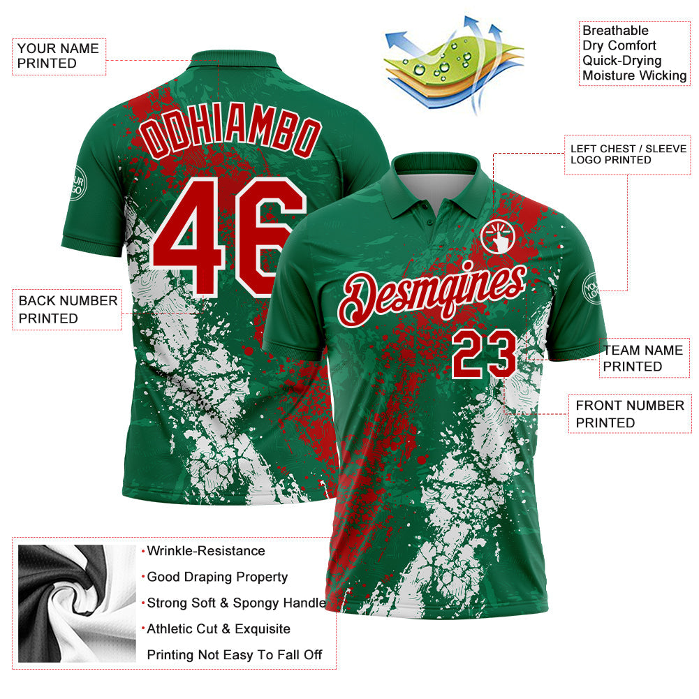 Custom Kelly Green Red-White Dripping Splatter Cracked Texture Performance Polo Shirt view 3