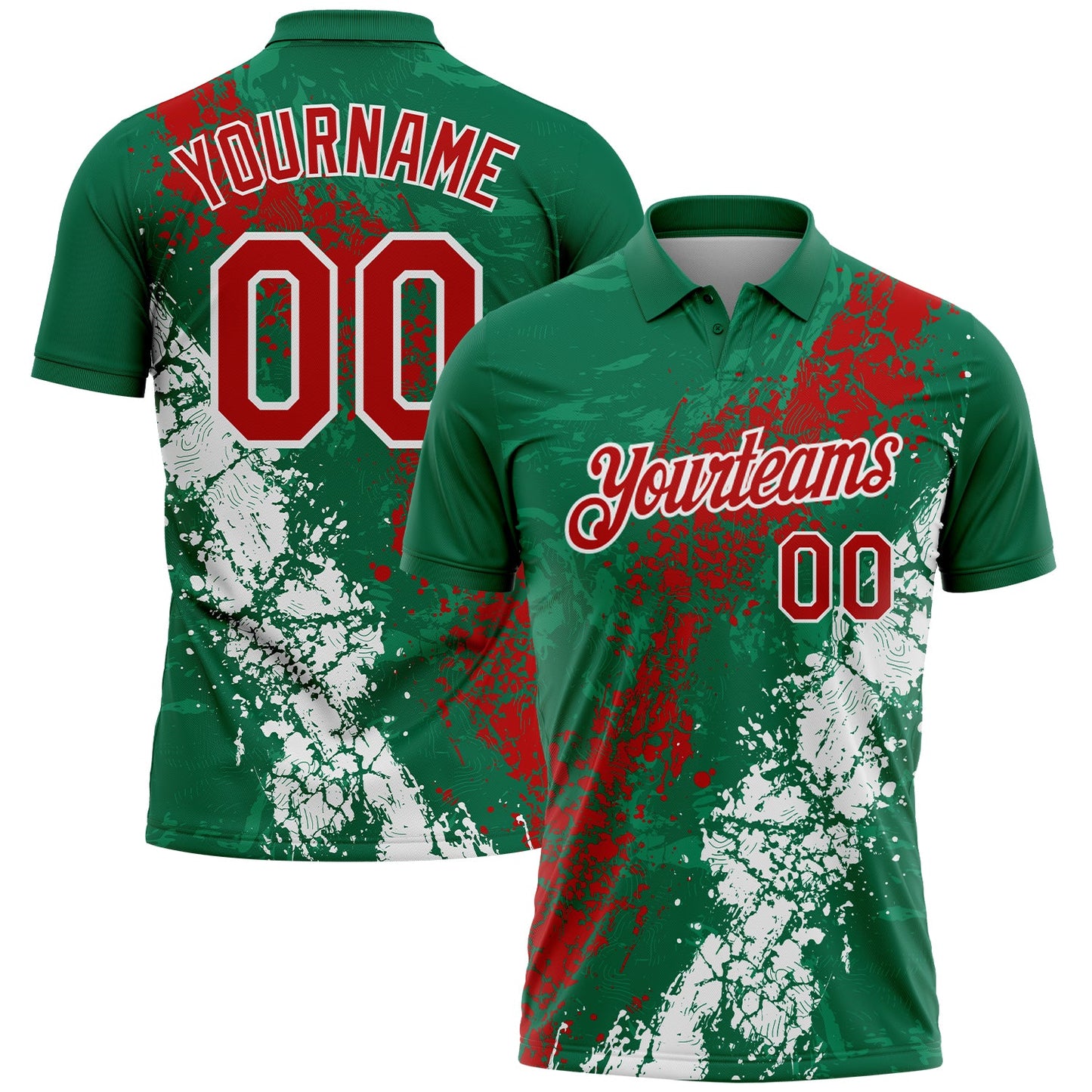 Custom Kelly Green Red-White Dripping Splatter Cracked Texture Performance Polo Shirt - Main View