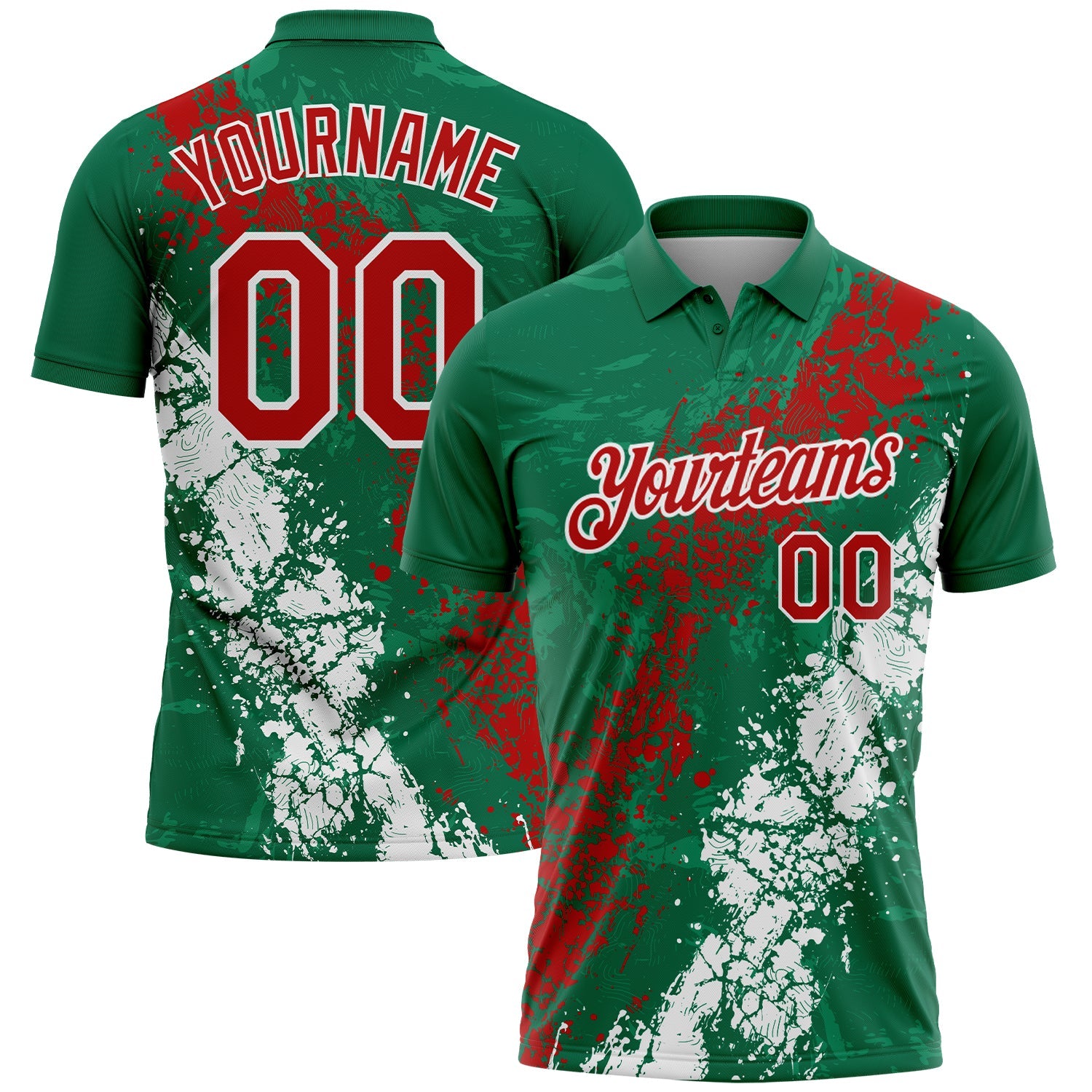 Custom Kelly Green Red-White Dripping Splatter Cracked Texture Performance Polo Shirt - Main View