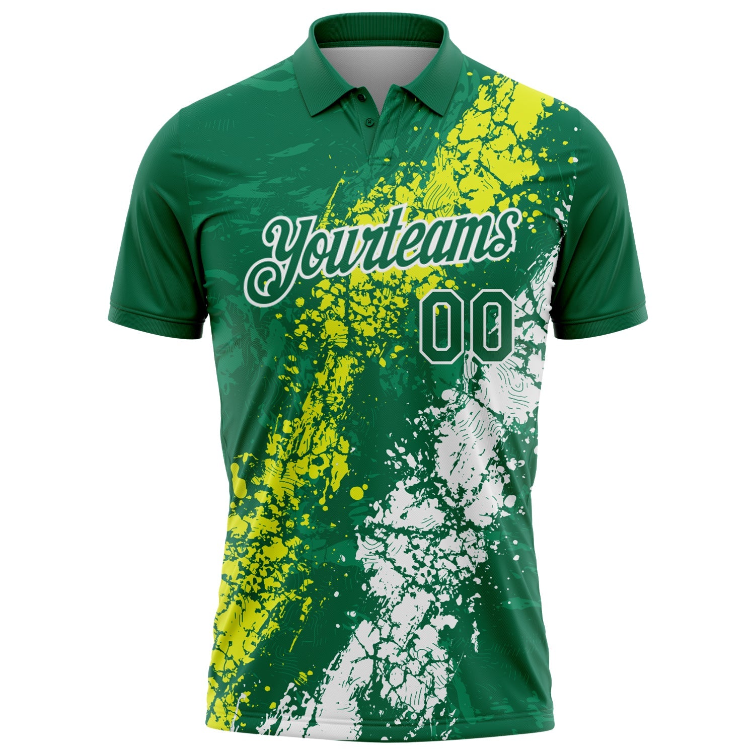 Custom Kelly Green Neon Yellow-White Dripping Splatter Cracked Texture Performance Polo Shirt view 2