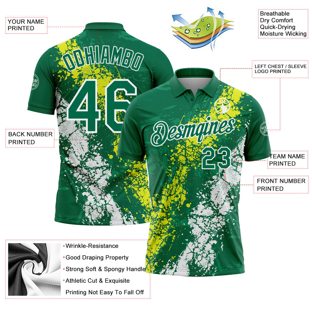 Custom Kelly Green Neon Yellow-White Dripping Splatter Cracked Texture Performance Polo Shirt view 3