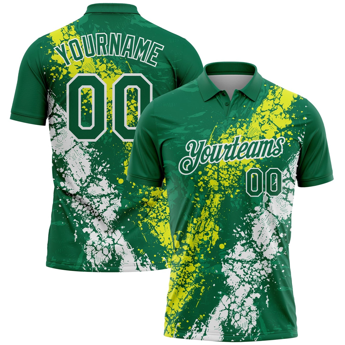 Custom Kelly Green Neon Yellow-White Dripping Splatter Cracked Texture Performance Polo Shirt - Main View