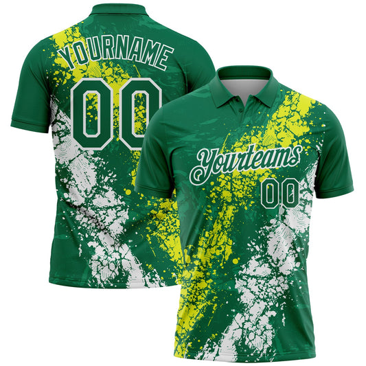 Custom Kelly Green Neon Yellow-White Dripping Splatter Cracked Texture Performance Polo Shirt - Main View