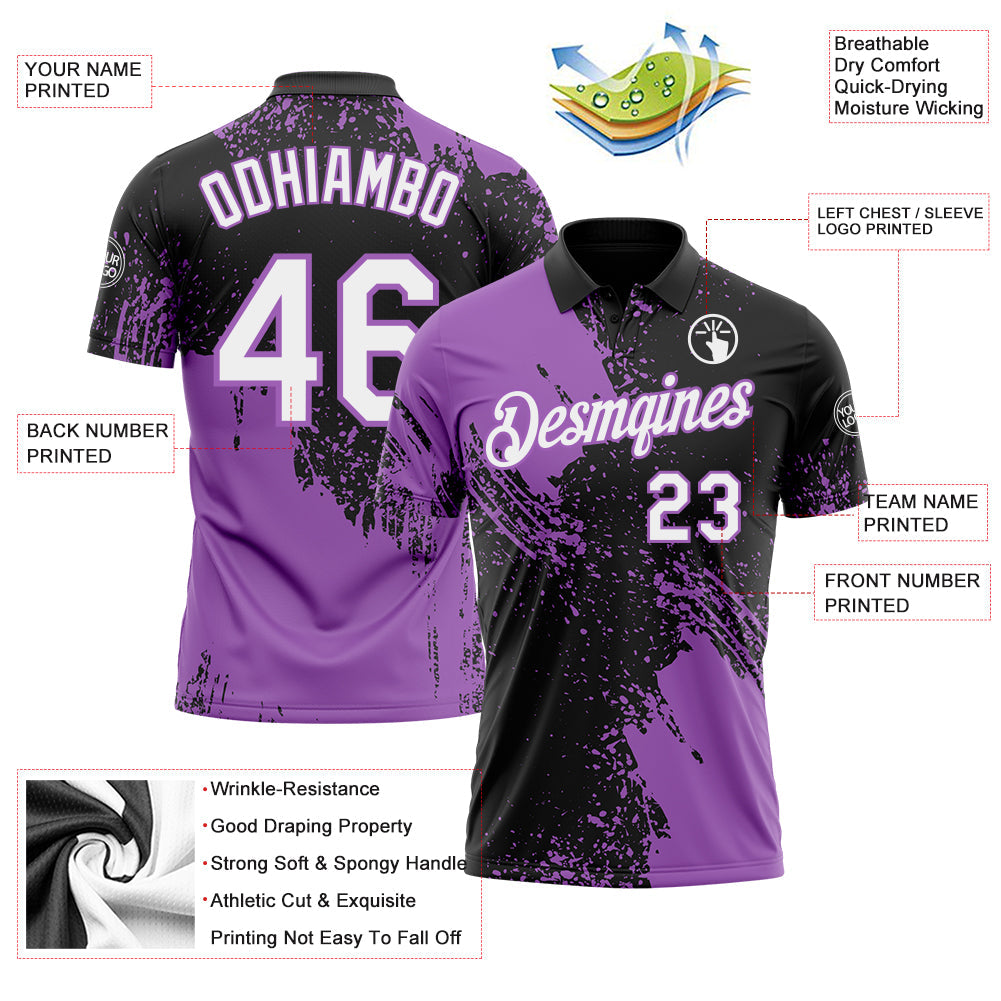Custom Black White-Medium Purple Distressed Scratch Brush Stroke Performance Polo Shirt view 3