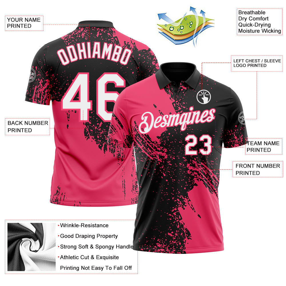 Custom Black White-Neon Pink Distressed Scratch Brush Stroke Performance Polo Shirt view 3