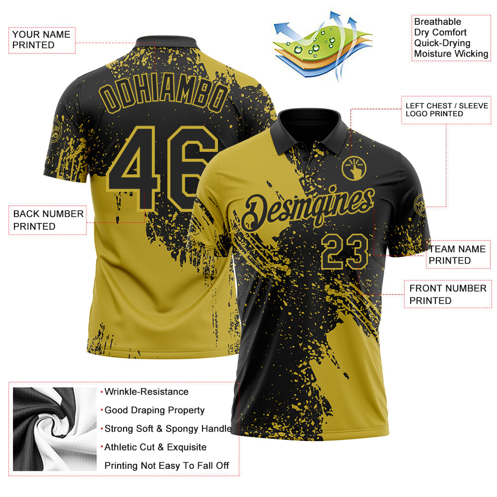 Custom Black-Old Gold Distressed Scratch Brush Stroke Performance Polo Shirt view 3