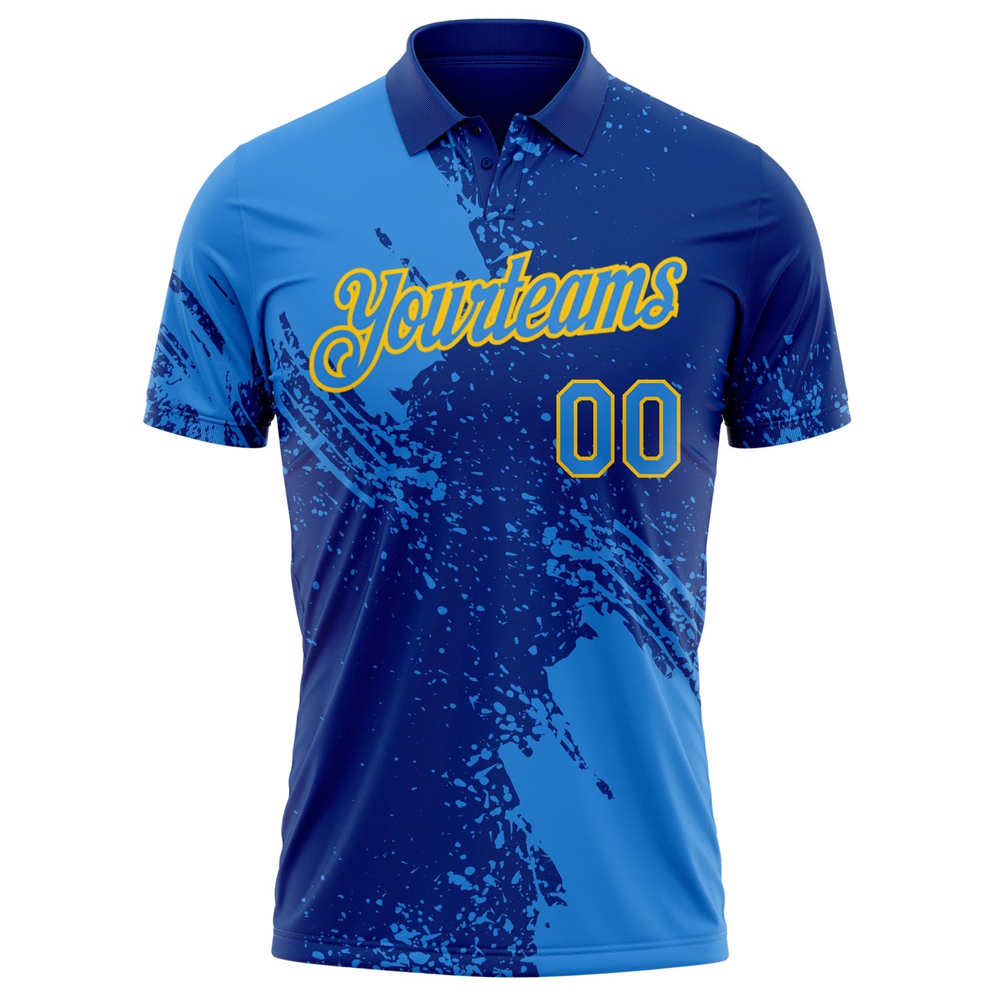 Custom Royal Powder Blue-Yellow Distressed Scratch Brush Stroke Performance Polo Shirt view 2