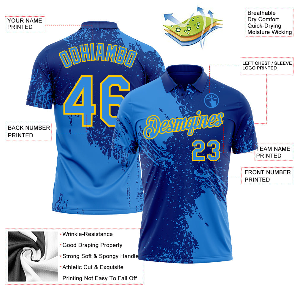 Custom Royal Powder Blue-Yellow Distressed Scratch Brush Stroke Performance Polo Shirt view 3