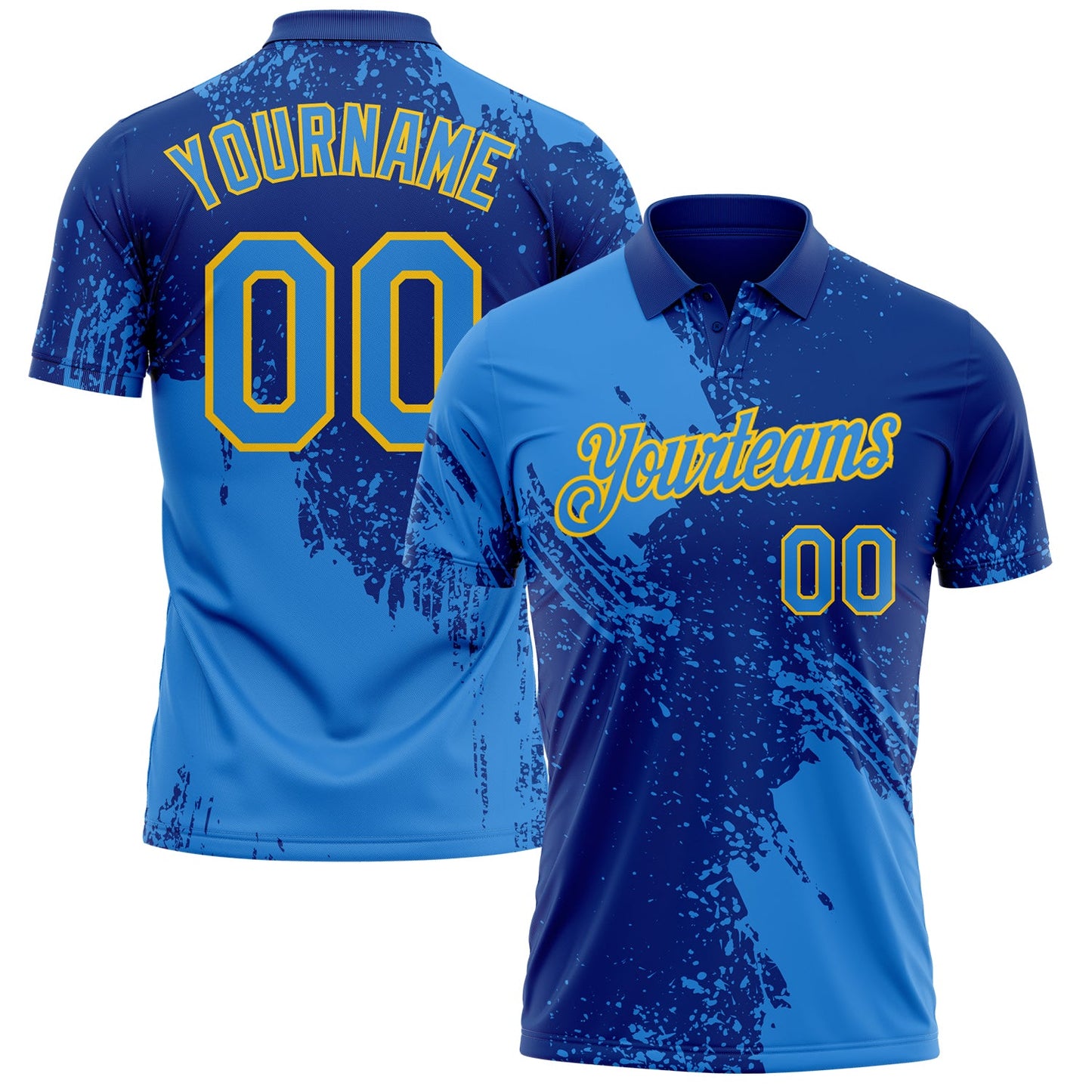 Custom Royal Powder Blue-Yellow Distressed Scratch Brush Stroke Performance Polo Shirt - Main View