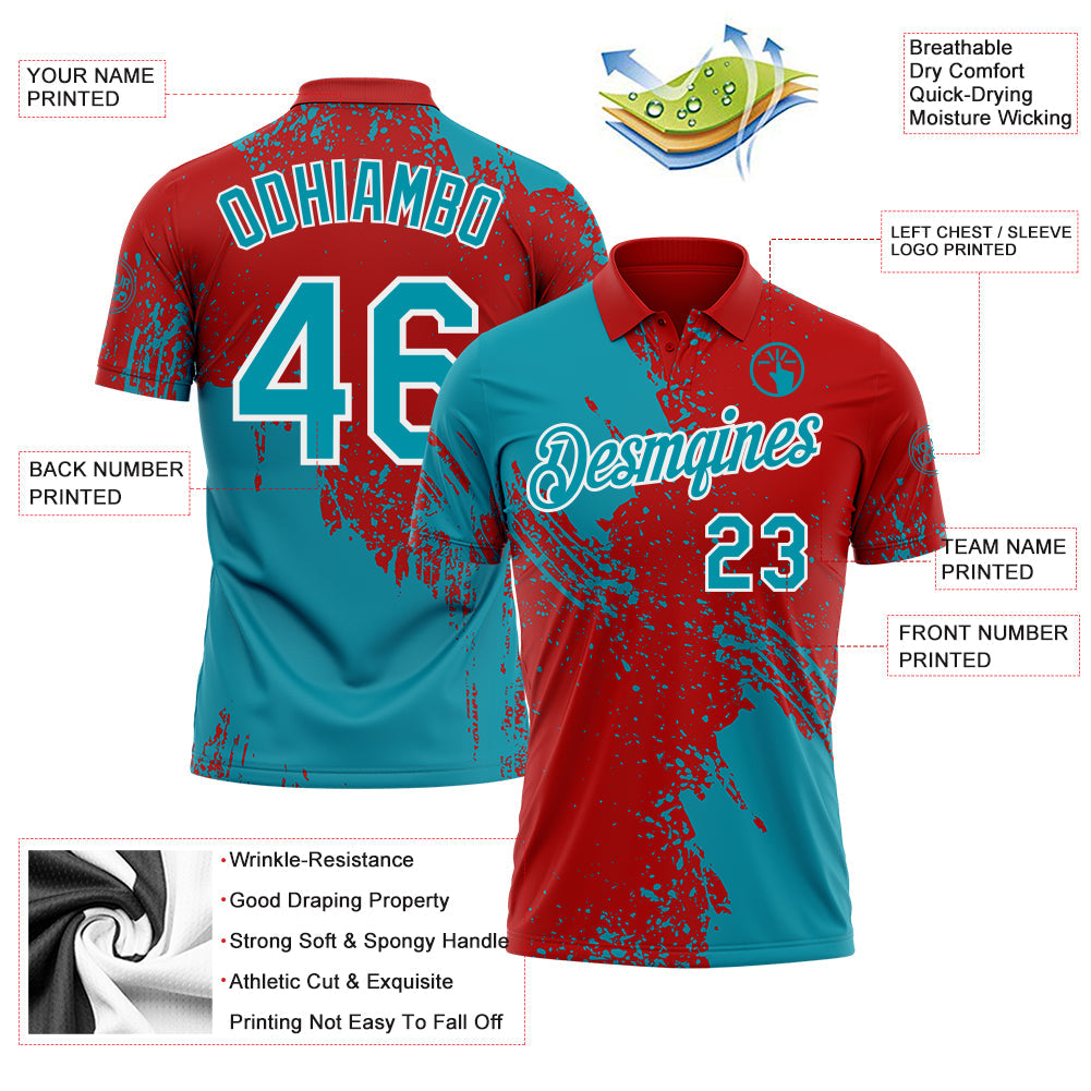Custom Red Teal-White Distressed Scratch Brush Stroke Performance Polo Shirt view 3