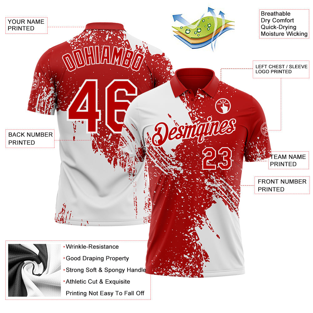 Custom Red-White Distressed Scratch Brush Stroke Performance Polo Shirt view 3