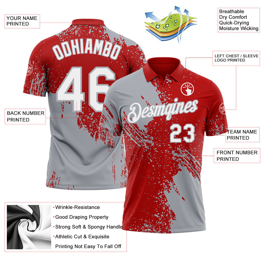 Custom Red White-Gray Distressed Scratch Brush Stroke Performance Polo Shirt view 3