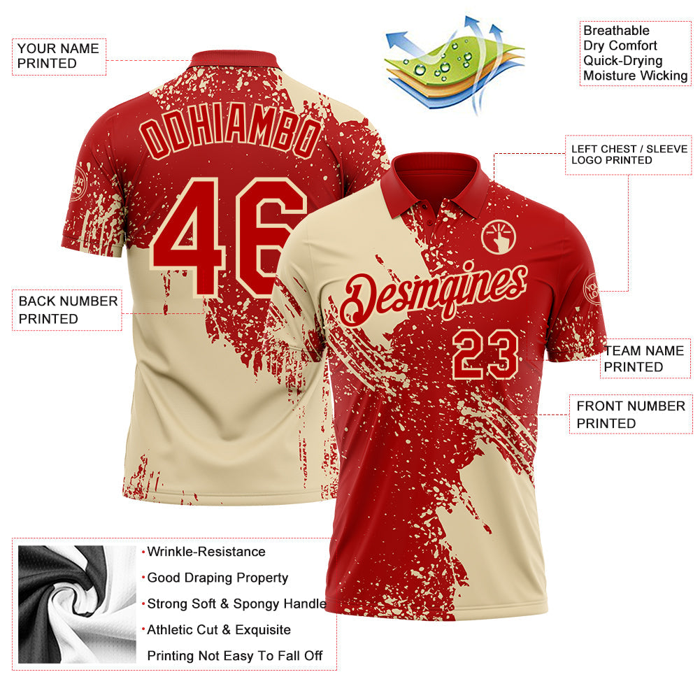 Custom Red-Cream Distressed Scratch Brush Stroke Performance Polo Shirt view 3