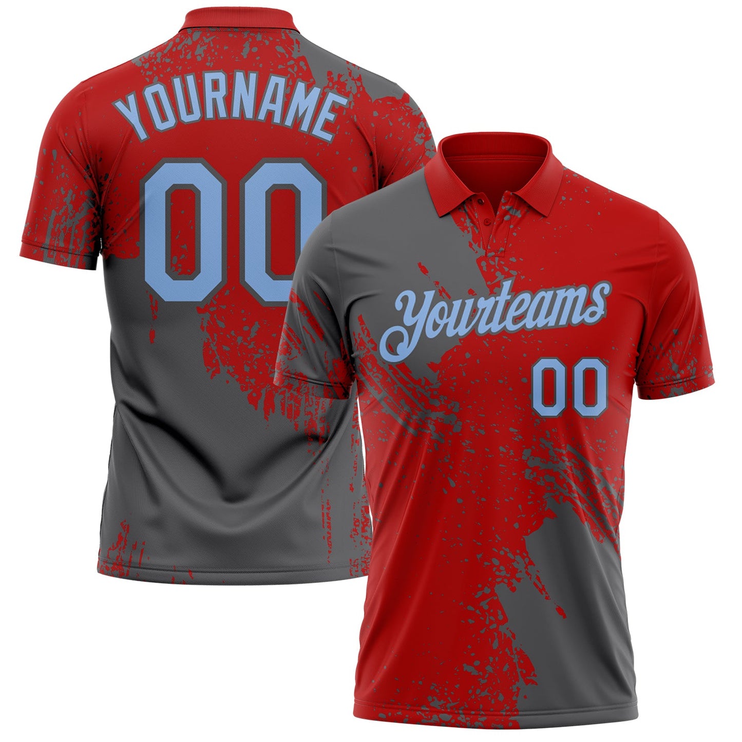 Custom Red Light Blue-Steel Gray Distressed Scratch Brush Stroke Performance Polo Shirt - Main View
