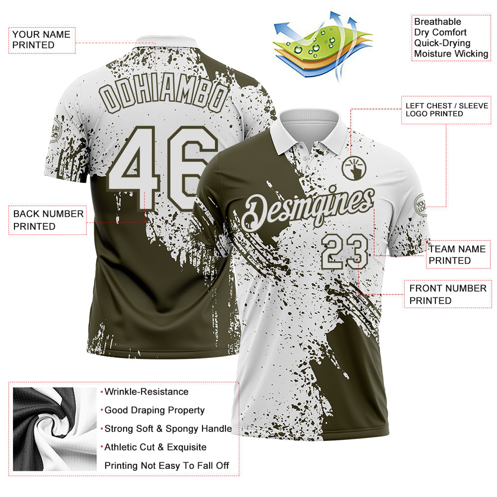 Custom White-Olive Distressed Scratch Brush Stroke Performance Polo Shirt view 3