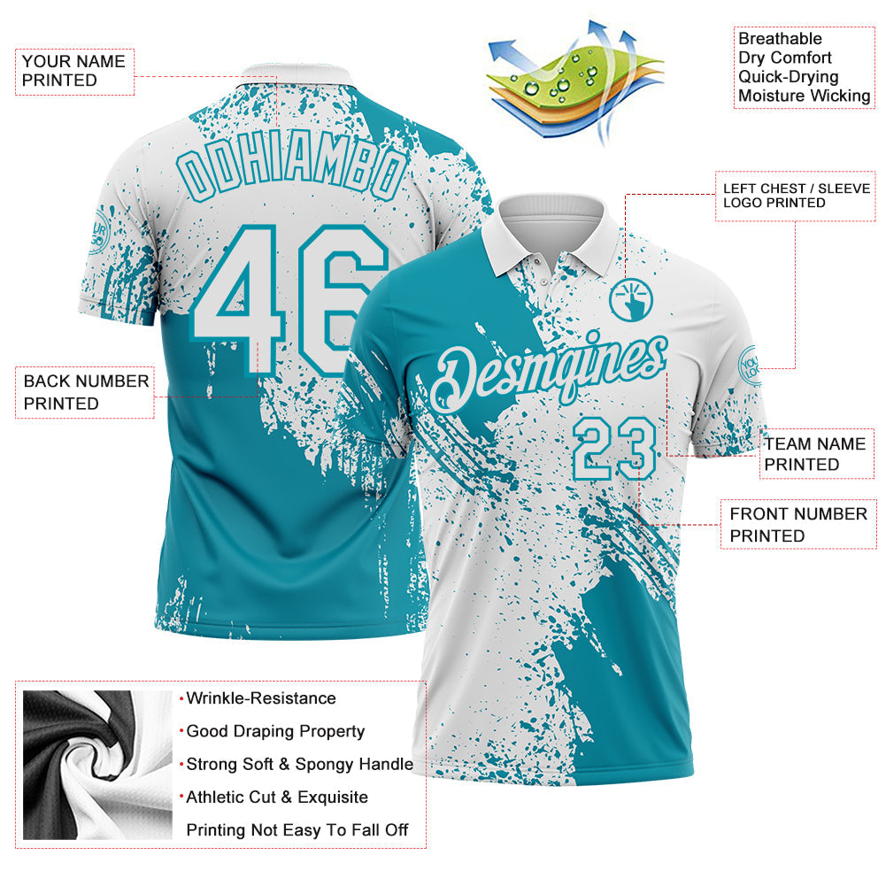 Custom White-Teal Distressed Scratch Brush Stroke Performance Polo Shirt view 3