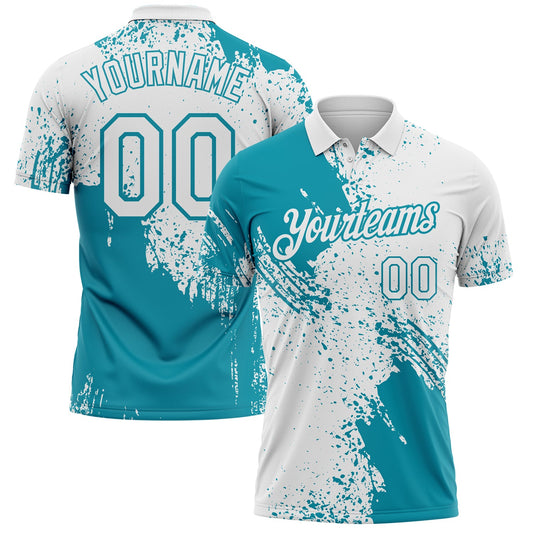Custom White-Teal Distressed Scratch Brush Stroke Performance Polo Shirt - Main View