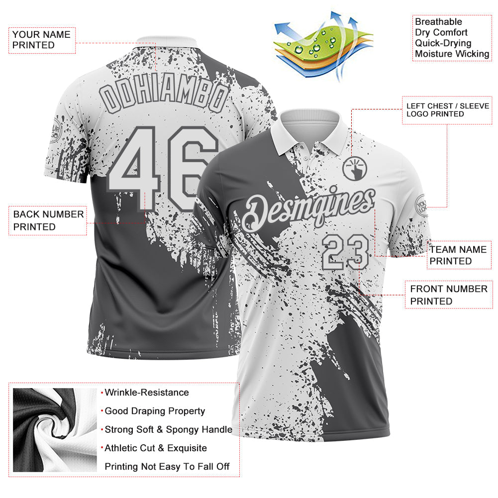 Custom White-Steel Gray Distressed Scratch Brush Stroke Performance Polo Shirt view 3