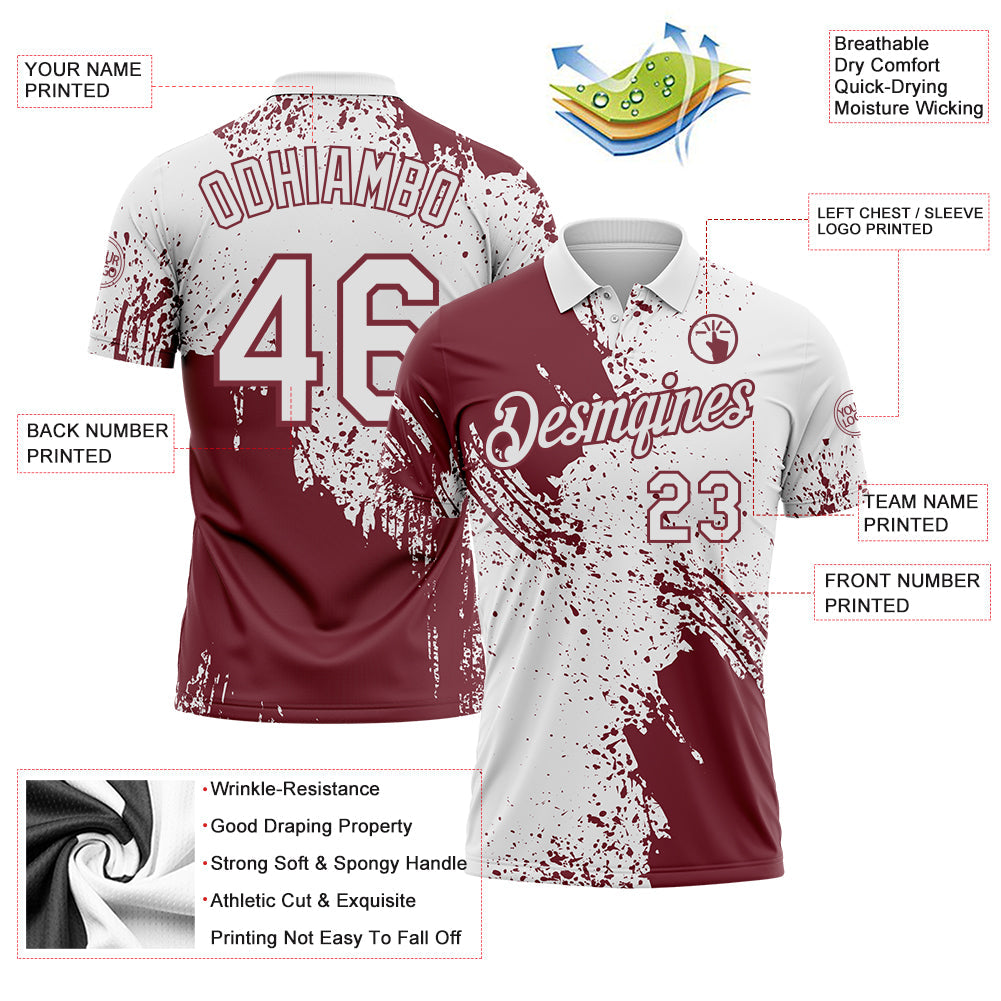 Custom White-Burgundy Distressed Scratch Brush Stroke Performance Polo Shirt view 3