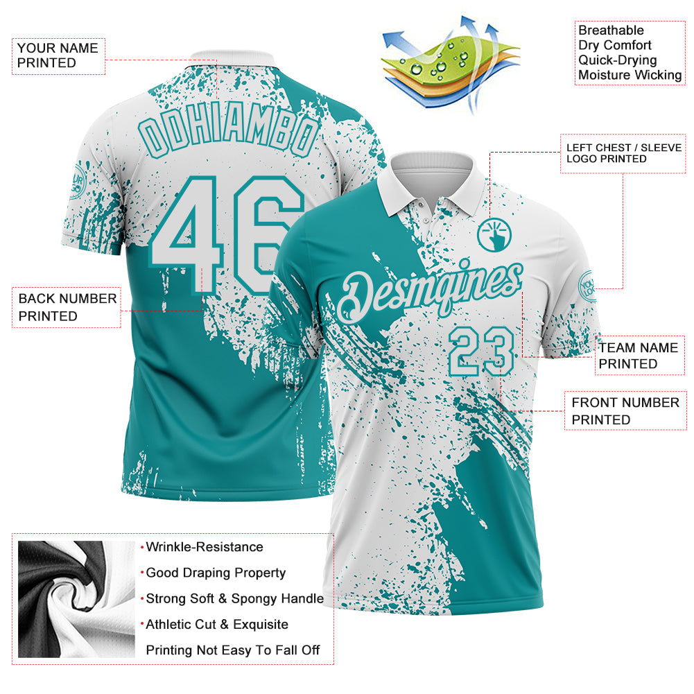 Custom White-Teal Distressed Scratch Brush Stroke Performance Polo Shirt view 3