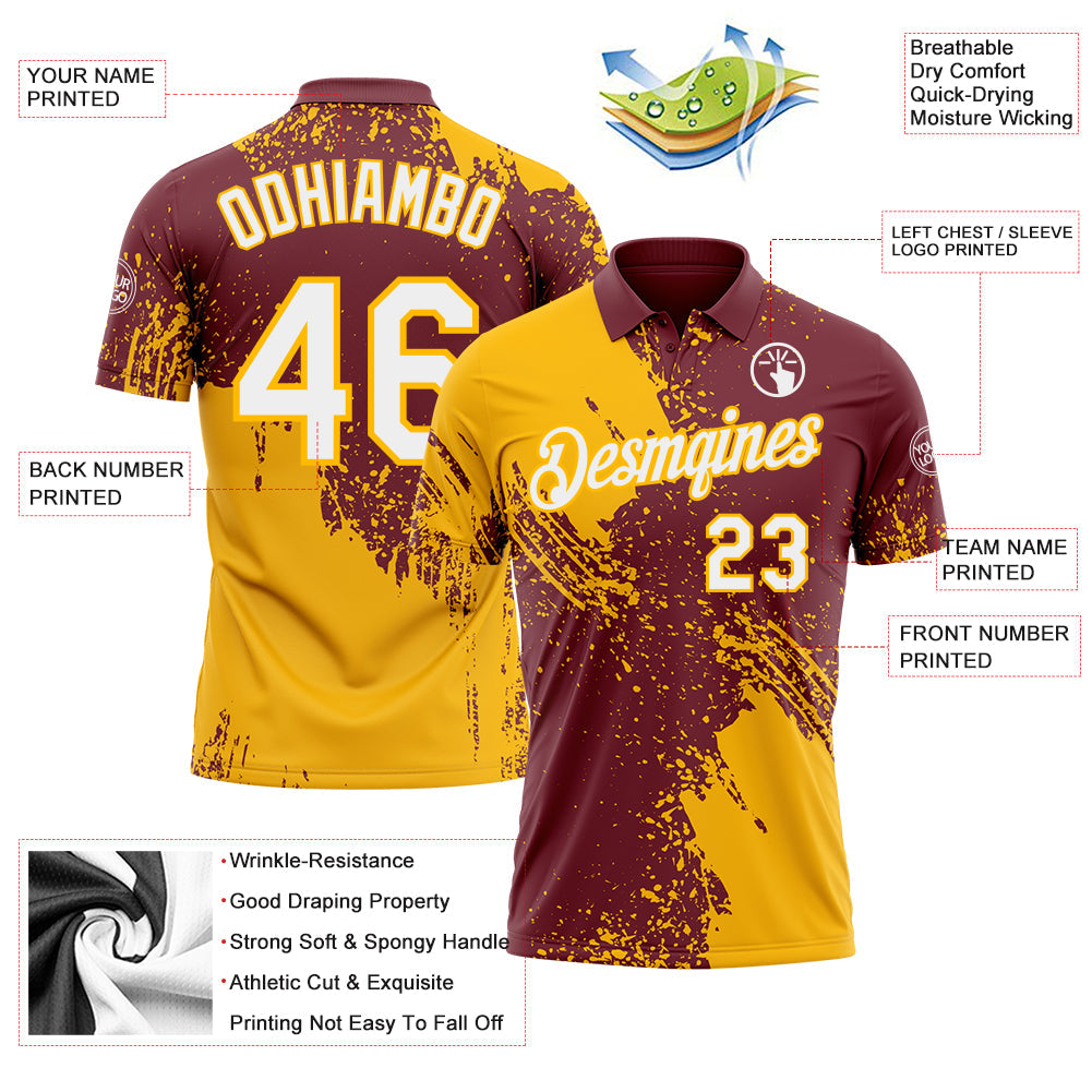 Custom Burgundy White-Gold Distressed Scratch Brush Stroke Performance Polo Shirt view 3