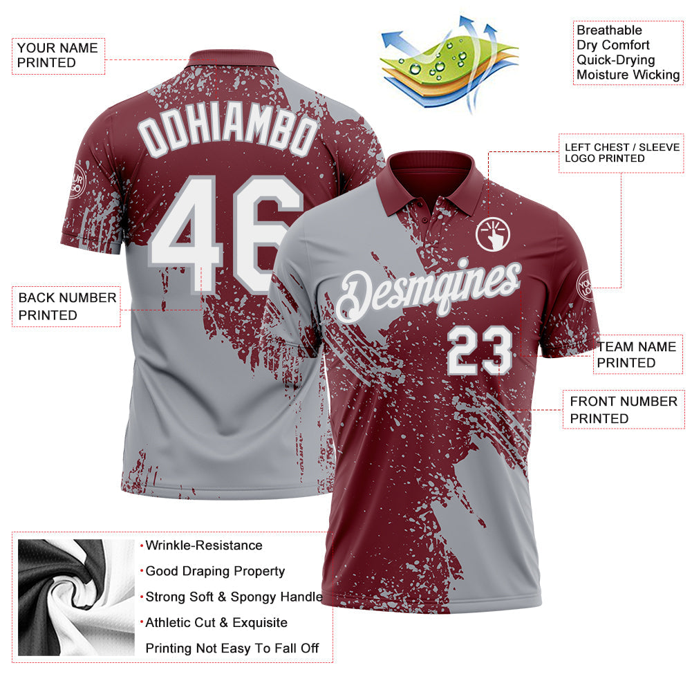 Custom Burgundy White-Gray Distressed Scratch Brush Stroke Performance Polo Shirt view 3