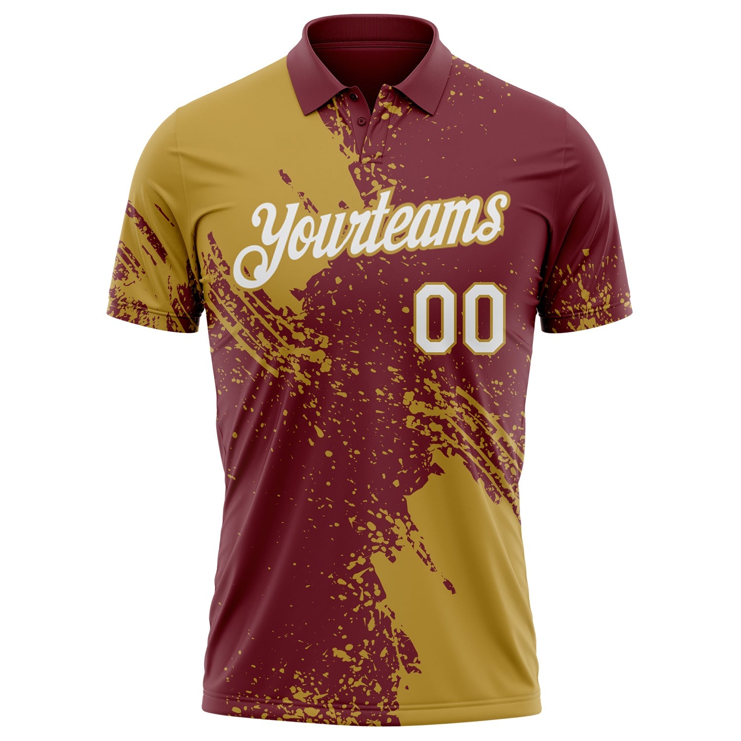 Custom Burgundy White-Old Gold Distressed Scratch Brush Stroke Performance Polo Shirt view 2