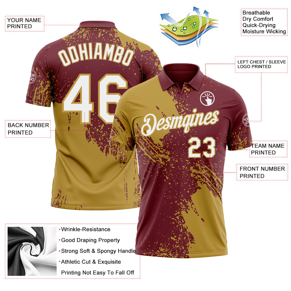 Custom Burgundy White-Old Gold Distressed Scratch Brush Stroke Performance Polo Shirt view 3
