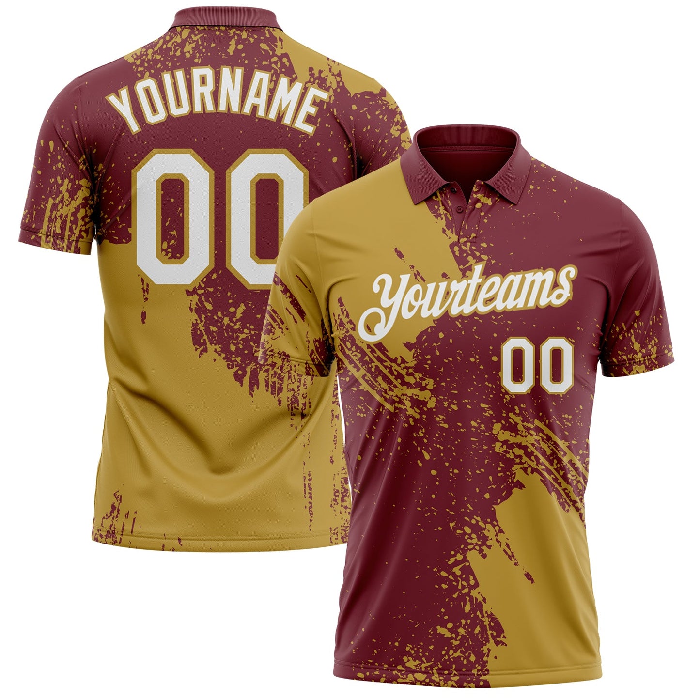 Custom Burgundy White-Old Gold Distressed Scratch Brush Stroke Performance Polo Shirt - Main View