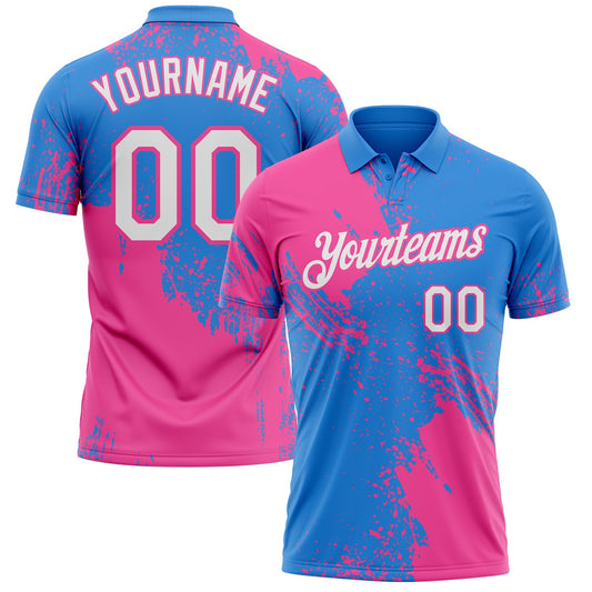 Custom Powder Blue White-Pink Distressed Scratch Brush Stroke Performance Polo Shirt - Main View