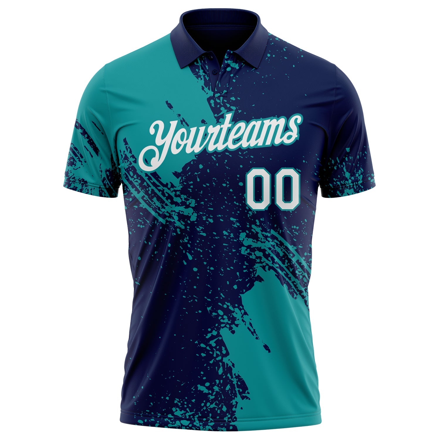Custom Navy White-Teal Distressed Scratch Brush Stroke Performance Polo Shirt view 2