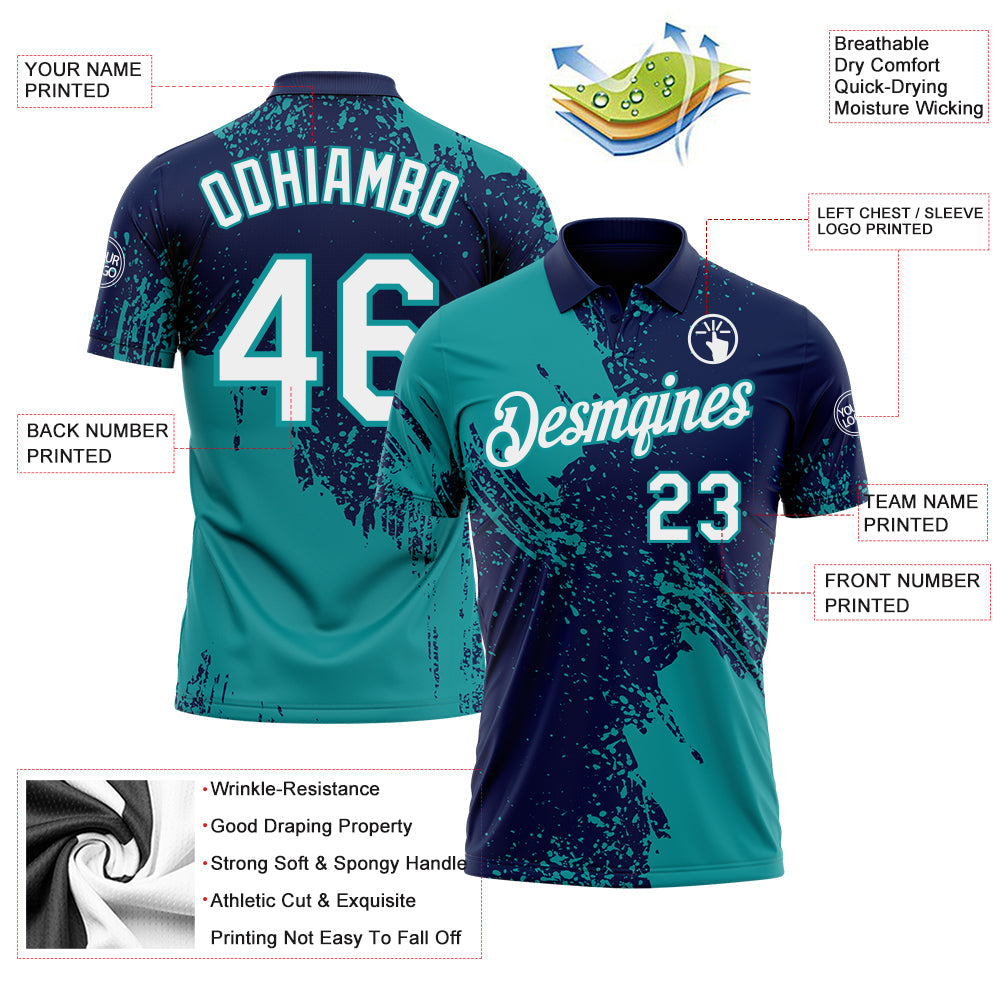 Custom Navy White-Teal Distressed Scratch Brush Stroke Performance Polo Shirt view 3