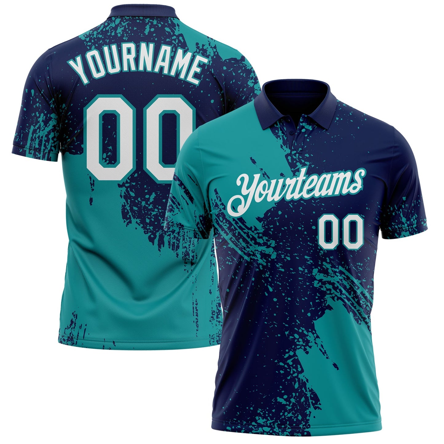 Custom Navy White-Teal Distressed Scratch Brush Stroke Performance Polo Shirt - Main View