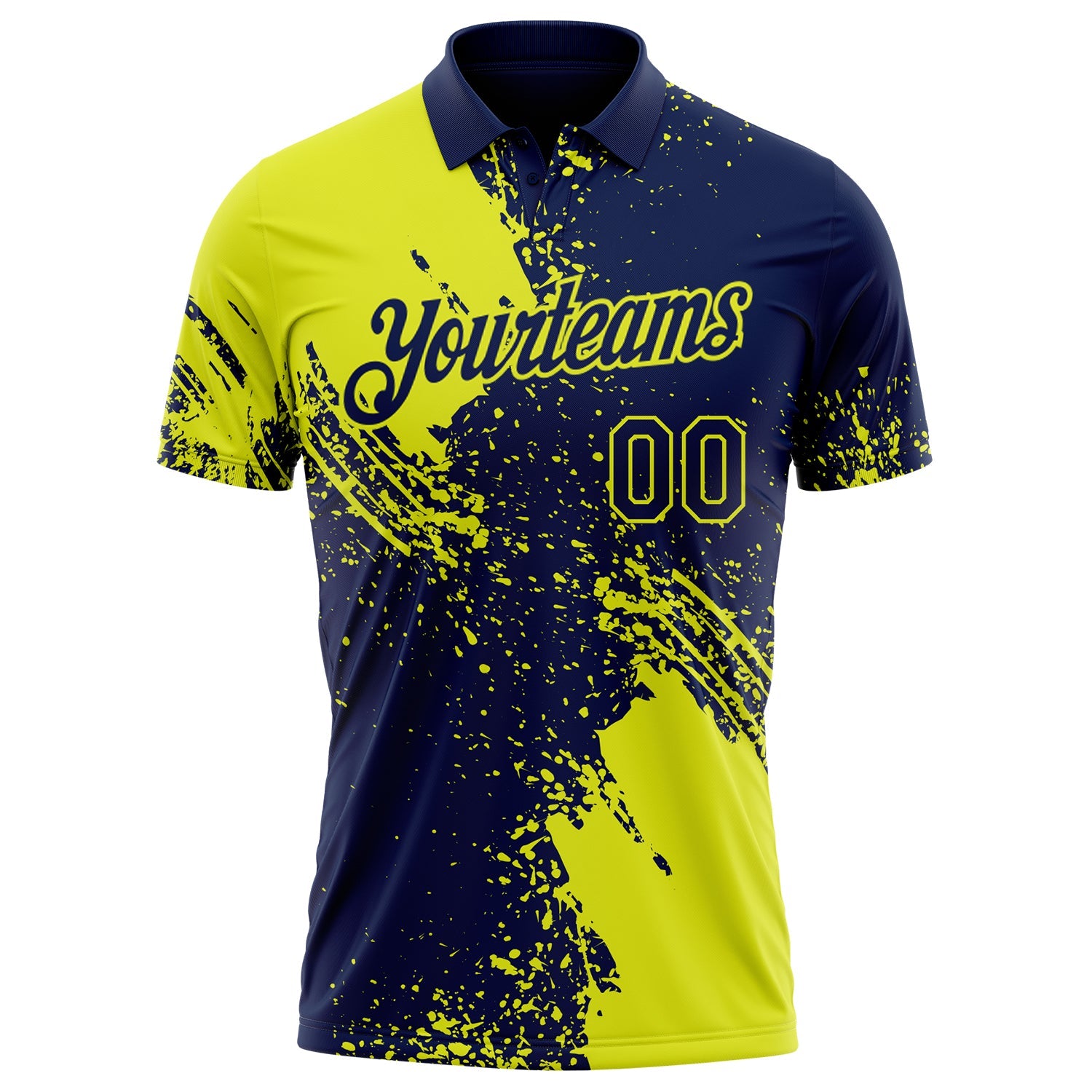 Custom Navy-Neon Yellow Distressed Scratch Brush Stroke Performance Polo Shirt view 2